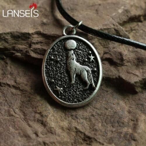 Lanseis10pc hot sell Handmade Howling wolf Moon pendant wolf and Triple Moon Vintage animal necklace girls boy nart jewelry