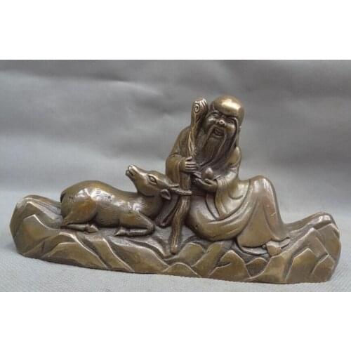 Song voge gem S2958 Chinese Bronze Copper Lying Deer Longevity God Star Hold Shou Peach Statue