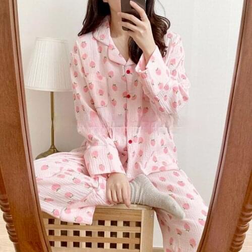 QWEEK Cotton Pajama Sets Strawberry Print Sleepwear Women Kawaii Loungewear Pink Pijamas Cute Pyjamas Long Sleeve Home Clothes