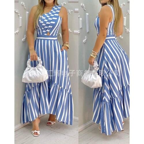 Blue striped one-shoulder dress