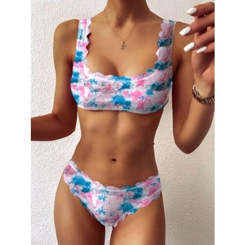 Print Scalloped Mid Waist Bikini Female Swimsuit Women Swimwear Two-pieces Bikini set Halter Bather Bathing Suit Swim Lady