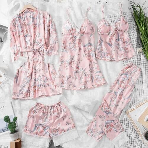 Pink Spring M-XL Womens 5PC Strap Top Pants Suit Pajamas Sleepwear Sets Autumn Home Wear Nightwear Kimono Robe Bath Gown