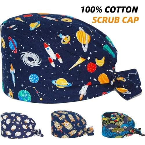 Nurse Surgicals Hat Unisex Thick Cotton Anime Print Nursing Hats Adjustable Sweatband Lab Beauty Salon Dental Clinic Scrubs Cap