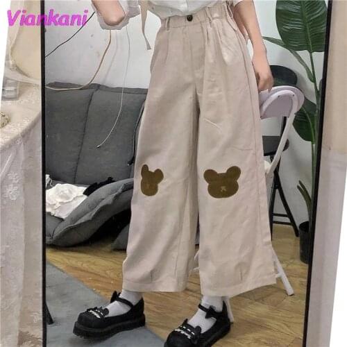 Japanese Kawaii Women Soft Girl Pants Korean Teen Girls Loose Thin Cartoon Bear Embroidery Pants Wild Casual Female Cute Pants
