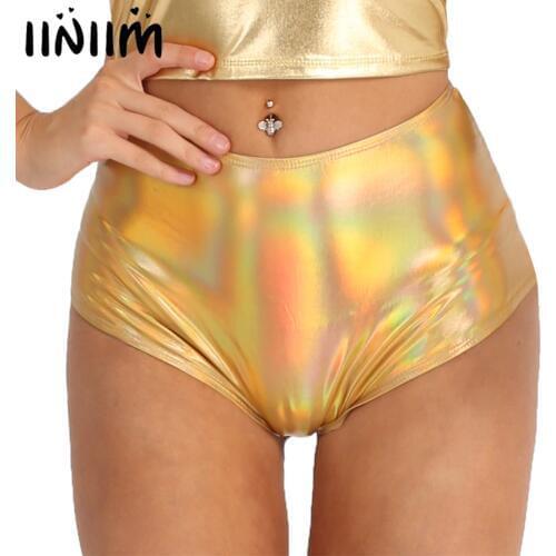 Iiniim Womens Shiny Panties Metallic Back Zipper High Waisted Booty Shorts Sexy Clubwear Lingerie Femme Pole Dance Underwear