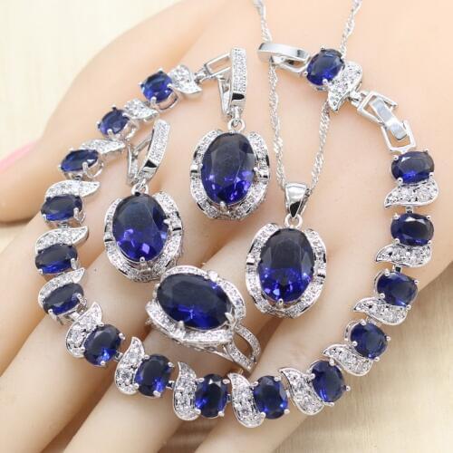 Oval Royal Blue Semi-precious Bridal Silver Color Jewelry Sets for Women Earrings Bracelet Rings Necklace Pendant Gift Box