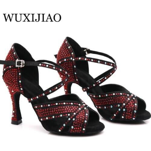 WUXIJIAO Brand Womens Ballroom Dance Latin Dance Shoes Salsa Dance Sandals 8.5/9/7.5CM High Heels