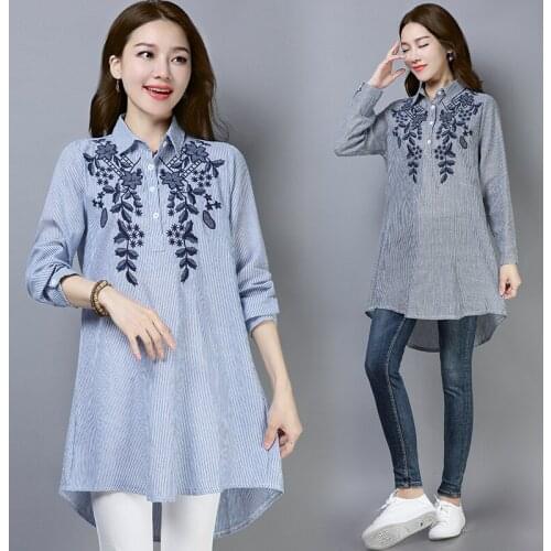 Vintage Flower Embroidery Women Shirts 2020 Summer Long-Sleeved Loose Long All Match Female Shirts Outwear Coat Tops