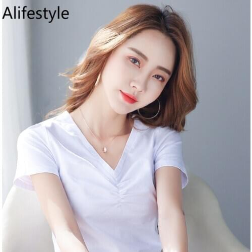 2020 Popular Sexy Light Thin High Elastic Fashion Casual V-Neck Short Sleeve T-Shirt Brand Pleated Loose Pure Cotton WomenS Top
