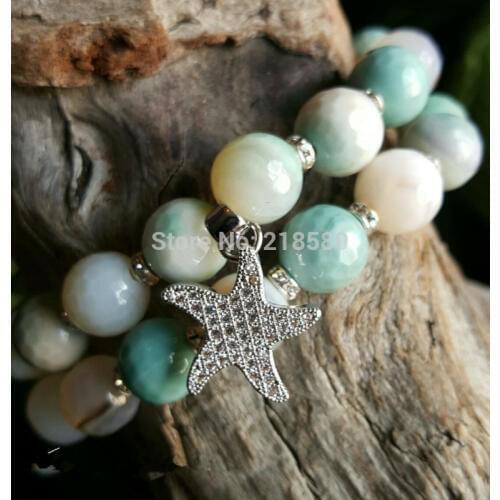 Amazonite Beads Pave CZ Seastar Charm Micro Pave Beads Bracelets Set SE21546