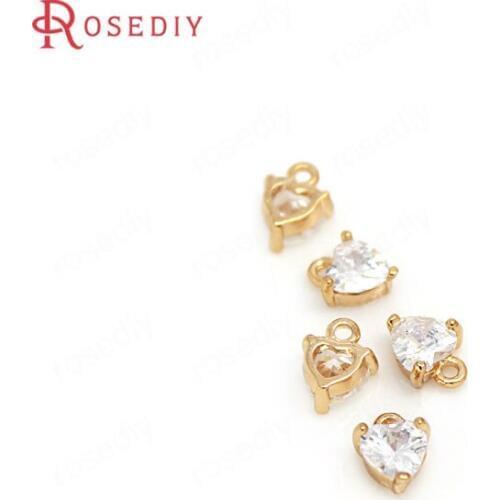 C344)4 pieces 6x8mm 24K Champagne Gold Color Plated Brass with Zircon Small Heart Charms High Quality Diy Jewelry Accessories