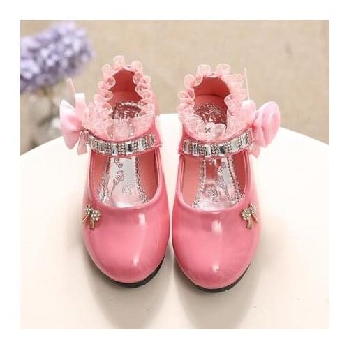 Childrens Shoes For Girl Spring New Princess Lace Leather Shoes Fashion Cute Bow Rhinestone Wedding Shoes Student Party Dance