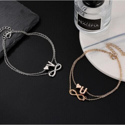 Double Thin Chains 26 Letters 8 Shaped Little Love Heart Charms Silver Plated Golden Anklets For Women Girls
