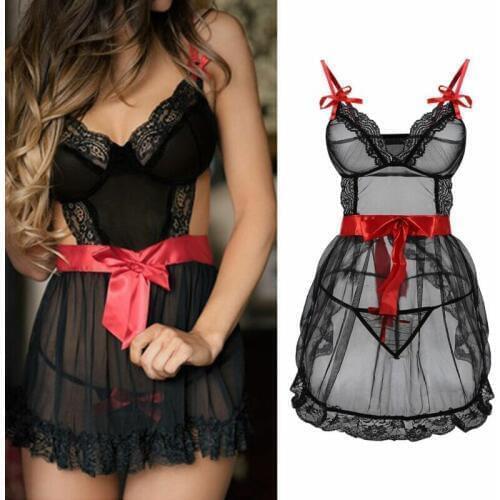 Hirigin Women Lingerie Lace Dress Underwear Babydoll Sleepwear+G-string Nightwear Lace See-Through Exotic Sets