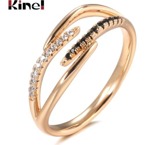 Kinel Fashion Black Natural Zircon Rings for Women Luxury 585 Rose Gold Geometry Cross Ring Vintage Wedding Fine Jewelry