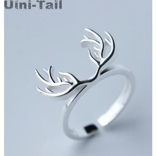 Uini-Tail hot new 925 sterling silver antler ring original handmade opening adjustable literary simple temperament elk ring