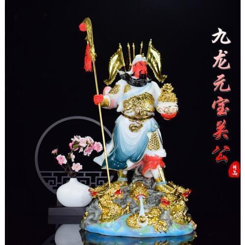 Southeast Asia Home store COMPANY High-grade wealth God RED FACE 9 Dragons GUAN GONG GUAN ER YE Good luck jade gilding statue
