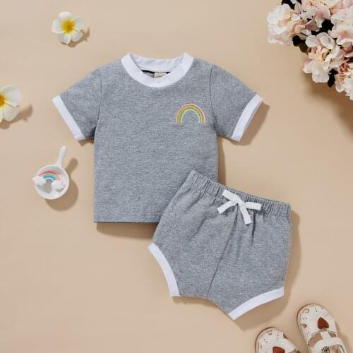 Children Casual Two-piece Clothes Set Summer Rainbow Embroidery Pattern T-shirt+High Waist Shorts Little Baby Girls Boys Suit