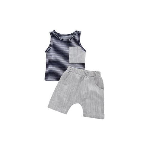 Casual Plain Summer 2-6Years kids Baby Boys Clothes Sets Striped Pocket Sleeveless Vest Tops+Grey Shorts Trousers