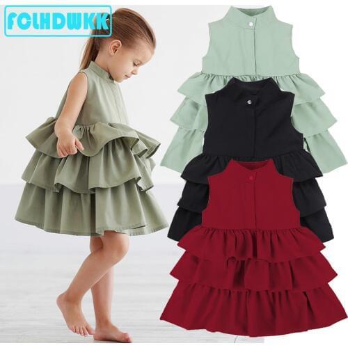 Summer Cute Red Ball Gown Girls Dresses Kids Girl Party Dress Sleeveless Children Clothes Cake Ruffled Tutu Bubble Dress 2-6Y