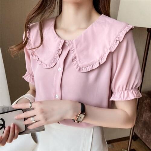 Summer New Chiffon Short-Sleeved Shirt Womens Shirt Doll Collar Korean Style Shirt French Style Design Niche