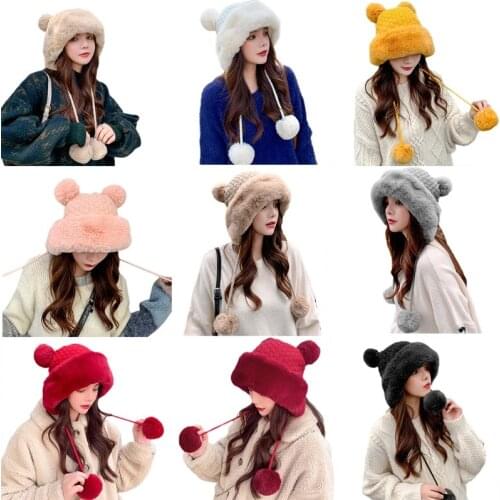 Cute Warm Woolen Hat Bucket Hat Knitted Plush Ball Beanie Hat Personality W/ Pom-Pom Bucket Hat Warm Earmuff Fall Winter