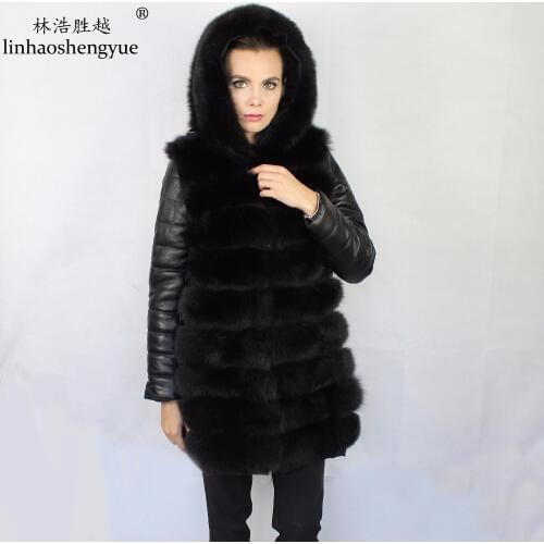 Linhaoshengyue Fashion Fox Fur Women Coat with Warm Hood Winter Warm Detachable Sleeves Leather Sleeves