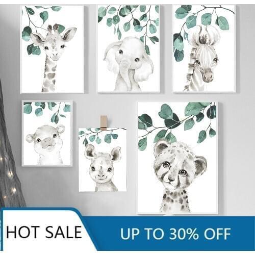 Safari Baby Animals Wall Art Canvas Painting Posters Prints Nursery Zebra Giraffe Eucalyptus Animal Nordic Kids Room Decoration