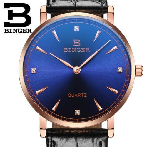 New Fashion top luxury brand BINGER watches men quartz-watch Leather Strap ultra thin dial clock relogio masculino