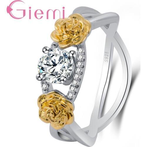 New Arrival Rose Flower Decoration 925 Sterling Silver Geometric Ring With Clear Cubic Zirconia Women Girls Party Jewelry