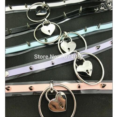 Punk Rock Gothic Harajuku Handmade O Round Lockable Heart Collar Layer Leather Vinyl Transparent Spides Stud Choker Necklace