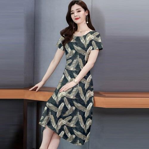 Feather print mid long summer dress Korean Short Sleeve waist A-line dress female round neck print girl Fashionable dress for wo