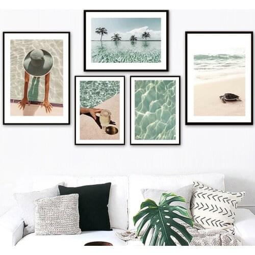 Swimming Woman Sea Turtle Coconut Tree Wall Art Canvas Painting Nordic Posters And Prints Wall Pictures For Living Room Decor