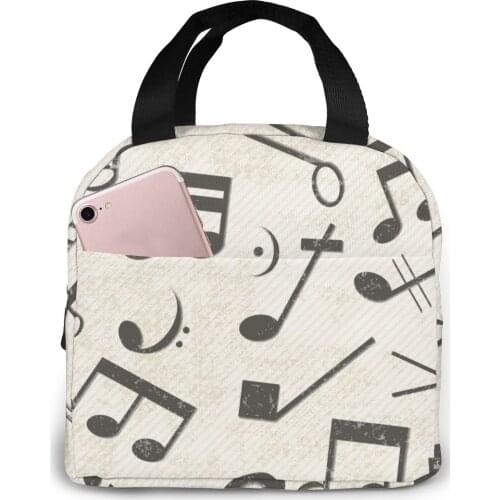 Music Chaotically Notes Treble Clef Lunch Bag Portable Insulated Thermal Cooler Bento Lunch Box Tote Picnic Storage Bag Pouch