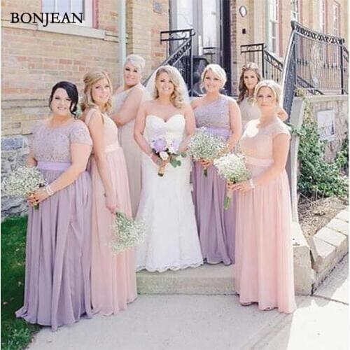 Simple Yellow A-Line Chiffon Bridesmaid Dresses Cheap Mismatched short Purple Pink Lace Wedding Party Gown Bridesmaid Dresse