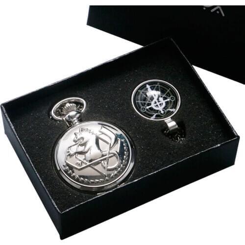 Steampun Cartoon Silver Alchemist Vintage Fullmetal Necklace Quartz Pocket Watch Chain Gift Box Set