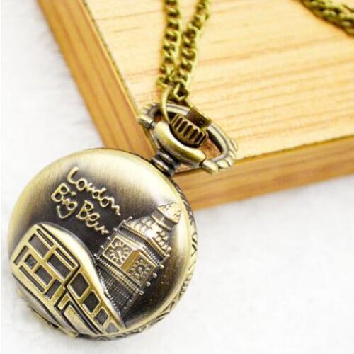 Vintage mini London Big Ben quartz hours pendant bronze boy girl gift Necklace pocket watches PLO5674