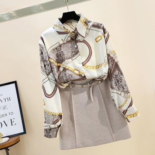 Spring Autumn Womens Turn-down Collar Shirt Snake Shirt Retro Fashion Slim Print Shirt Female Long Sleeve Shirt Top GD439