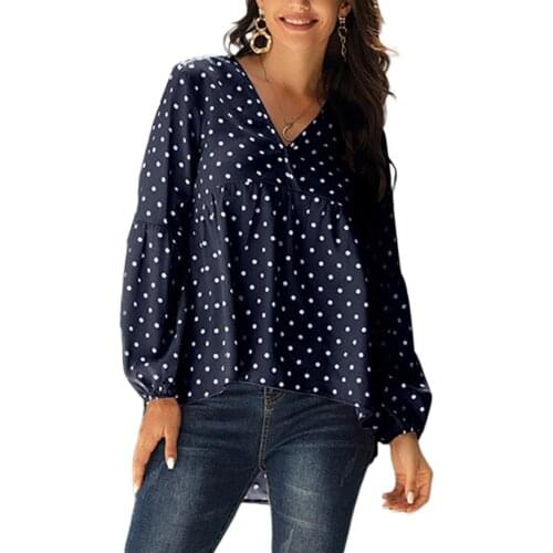 2020 Womens Long Sleeve Chiffon Shirts Casual Polka Dot V-neck Lantern Sleeve Blouses Loose Pullover Top Workwear