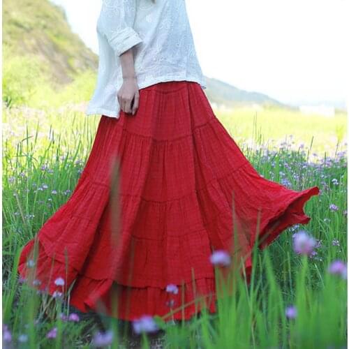 Women Summer Autumn Elastic Waist Cotton Linen Skirts Ladies Loose Skirt Female Vintage Skirts 2020