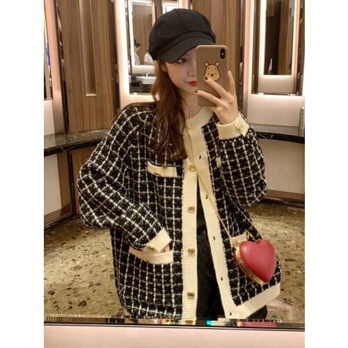 Loose Knit Cardigan Tide Ladies Autumn 2021 New Sweater Coat Retro Shirt Check Long Sleeve Single Breasted Plaid