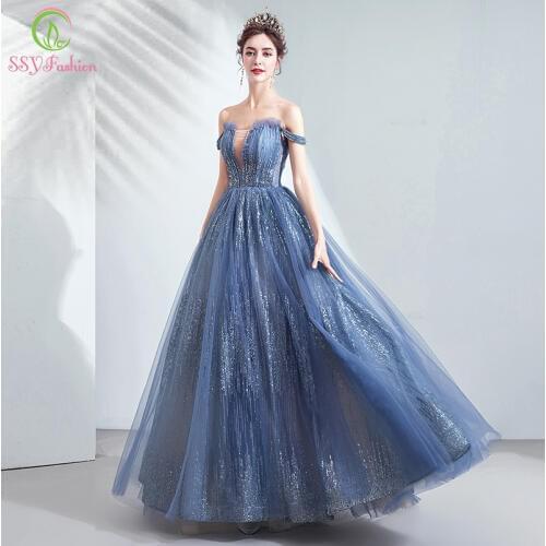 SSYFashion New Luxury Blue Banquet Evening Dress Boat Neck Floor-length Sequins Party Formal Gown Special Occasion Dresses