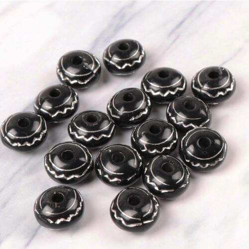 2018 New Black Silver Stripe Circle Oblate Round Spacer Beads For Bracelet Necklace Jewelry Making DIY 10x7mm 100pcs/lot