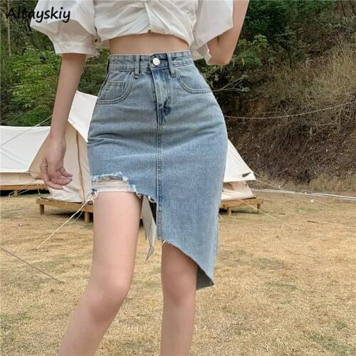 Asymmetrical Skirts Women Vintage Denim Ins High Waist Ladies Streetwear Faldas Mujer Summer Sexy Holiday Female Clothing Party