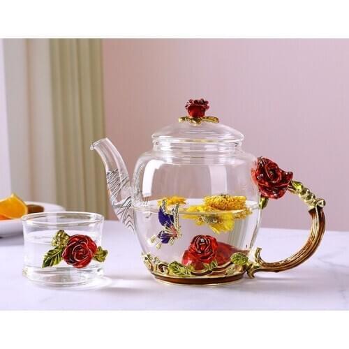 Creative Flower Zhengyan Handmade Enamel Kung Fu Tea Heat-resistant Glass Teapot Household Flower Tea Cup Business Tea Set