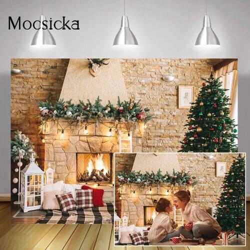 Christmas Brick Fireplace Backdrop Photography Winter Indoor Living Room Party Background Xmas Trees Gifts Family Portrait Photo