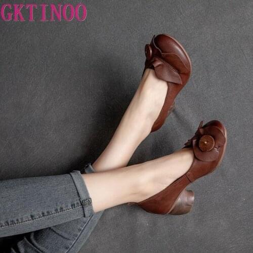 GKTINOO manual Genuine Leather Heeled shoes Retro pattern fashion Everyday womens shoes Brown Black Comfortable shoes