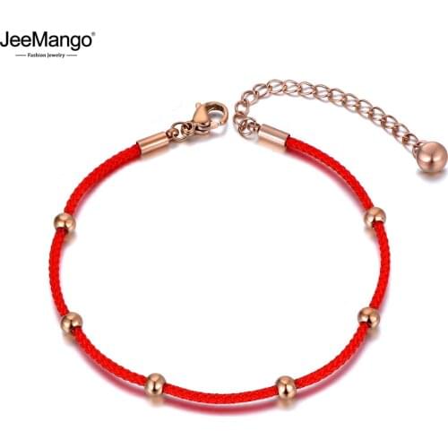 JeeMango Vintage Ethnic Chinese Stainless Steel Red Rope Hand-woven Bracelets For Women Creative Good Lucky Bracelet JB19146