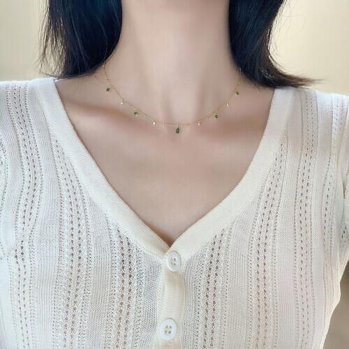 Korean Fashion 925 Sterling Silver Green Zircon Choker Necklace for Women Exquisite Vintage Clavicle Chain Necklace