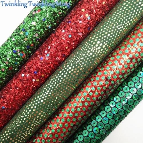 Red and Green Glitter Fabric For Christmas, Lizard Faux Leather Sheet For DIY Bows A4 Size 8"x11" Twinkling Ming XM091